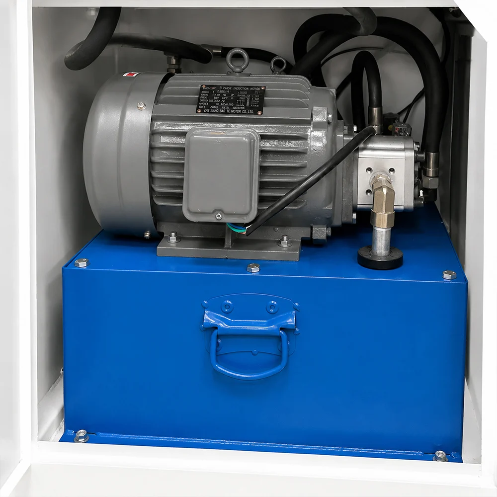 Internal view of ZHENGFEI YTJ5T hot foil machine's hydraulic motor and pump assembly.