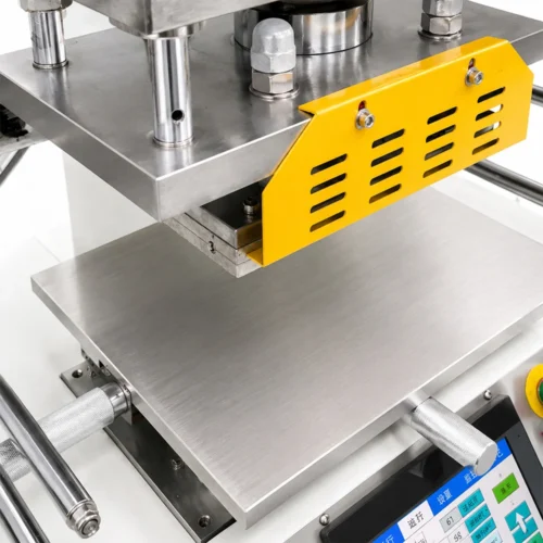 Close-up of ZHENGFEI YTJ5T hydraulic hot foil machine's stamping head and stainless steel worktable.