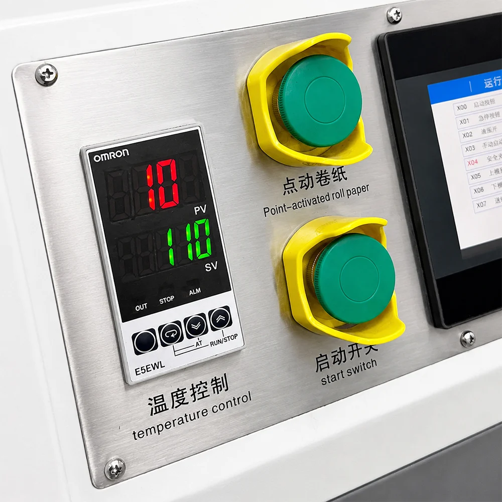 Close-up of ZHENGFEI YTJ5T hot foil machine's Omron digital temperature controller set to 110°C.