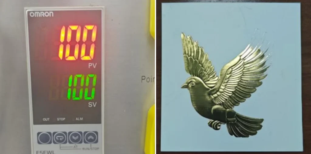 ZHENGFEI YTJ5T hot stamping test at 100℃, showing partial gold foil transfer on light blue material.