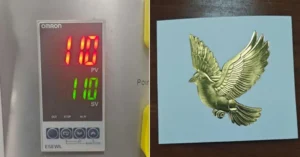 ZHENGFEI YTJ5T hot stamping test at 110℃, showing good gold foil transfer on light blue material.
