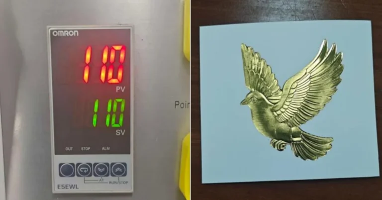 ZHENGFEI YTJ5T hot stamping test at 110℃, showing good gold foil transfer on light blue material.