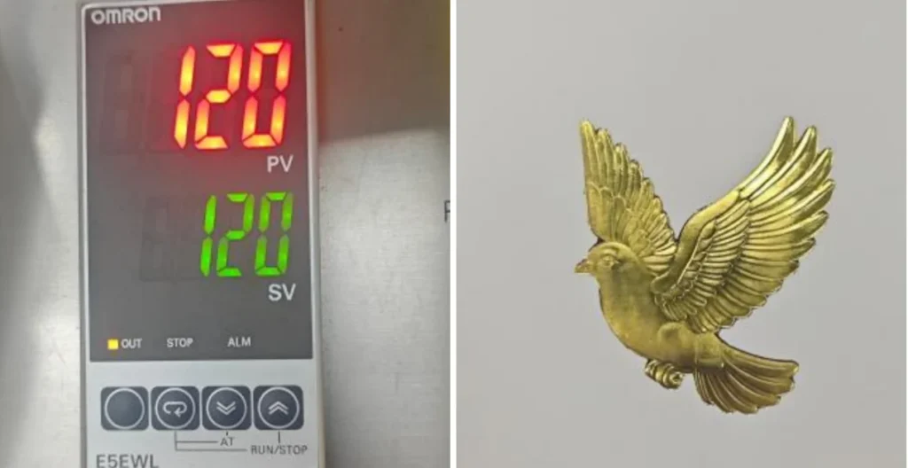 ZHENGFEI YTJ5T hot stamping test at 120℃, showing perfect vibrant gold foil transfer on light blue material.