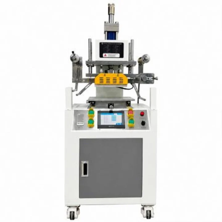 ZHENGFEI YTJ5T industrial pneumatic hot stamping machine with touch screen control and automatic foil feeder.