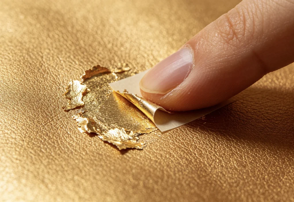 Human finger easily peels up intact gold foil sheet off smooth leather, demonstrating poor hot stamp bonding failure.