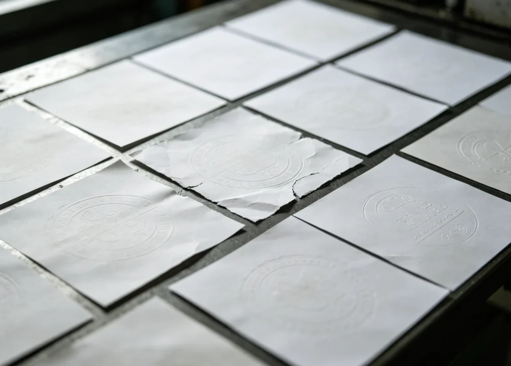 Production batch of embossed paper showing common failures: cracked fibers, wrinkled stock, faint uneven raised logos from improper emboss setup.