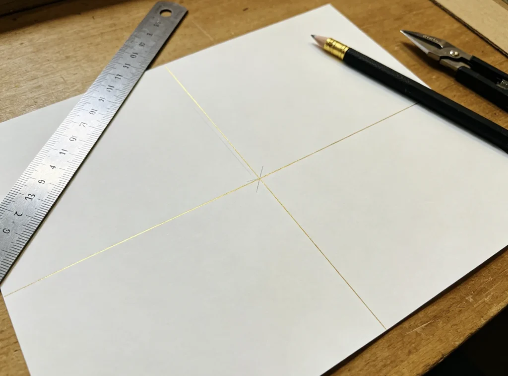 White paper crosshair baseline guide with metal ruler, pencil for pre-stamping centering & straight alignment of brass letter text blocks.