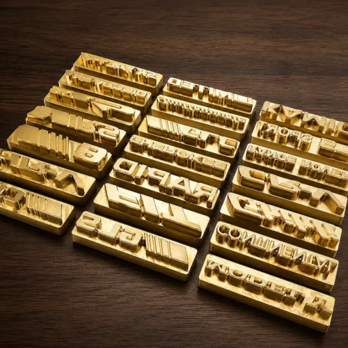 Assorted CNC engraved block font brass letter stamp strips laid on dark wooden board, reverse engraved for leather foil embossing & packaging text marking.