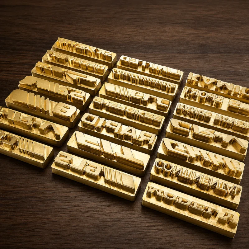 Assorted CNC engraved block font brass letter stamp strips laid on dark wooden board, reverse engraved for leather foil embossing & packaging text marking.