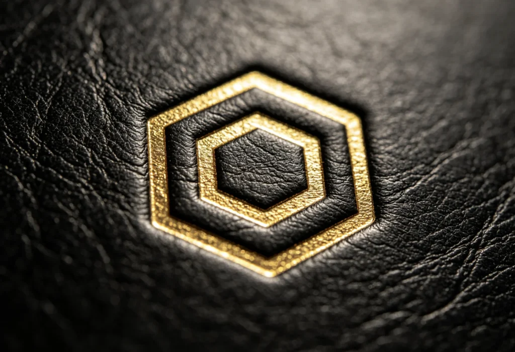 Double-layer hexagon gold foil logo with glossy compressed leather border, a defect from over-high hot stamping temperature and heavy pressure on black leather.