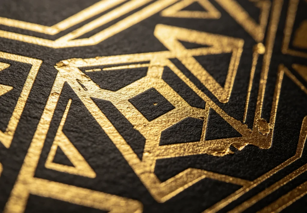 Geometric gold foil stamping on black paper with lifted, chipped foil edges from uneven brass die pressure distribution.