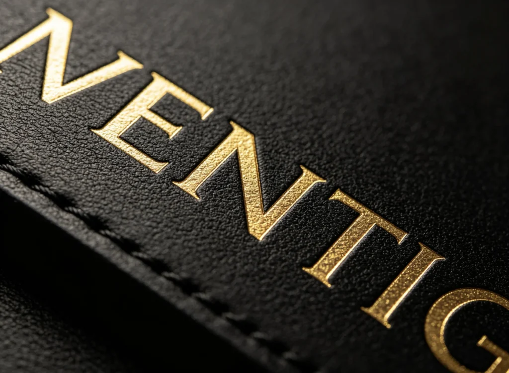 Macro shot of consistently sized, evenly spaced gold foil uppercase brass letters hot stamped on textured black leather surface.