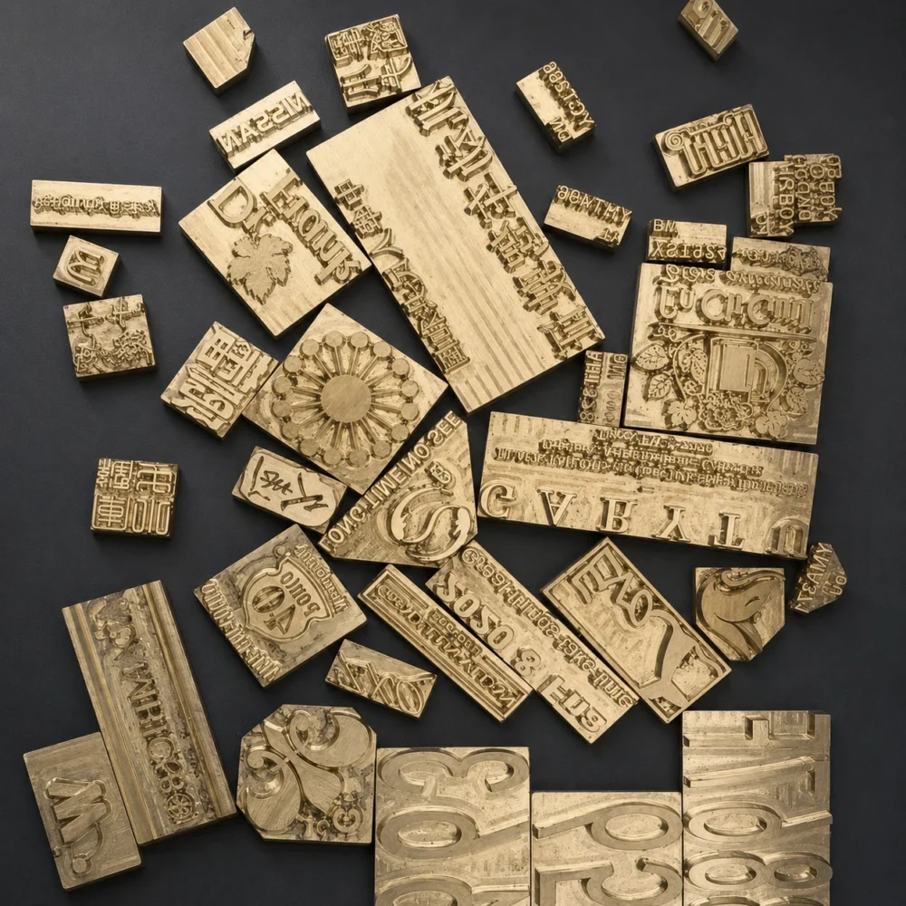 Wide assortment of CNC engraved brass text stamps: block letters, script, numbers, floral graphics, multi-language text for packaging & leather branding.
