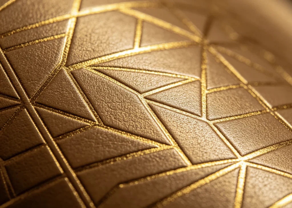 Wide full-panel geometric grid gold foil creating consistent deep indent texture across entire light brown leather sheet from oversized solid brass die.