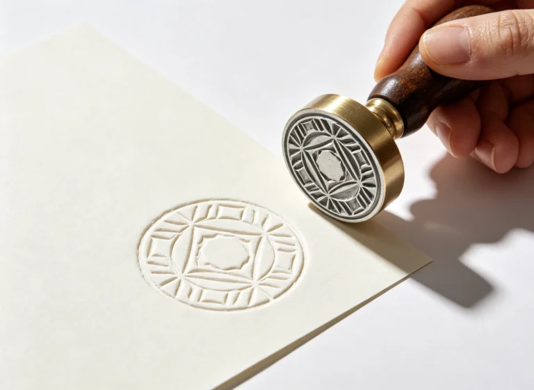 Hand holding ZHENGFEI matched steel emboss die seal beside crisp raised blind geometric round impression on smooth cream paper.
