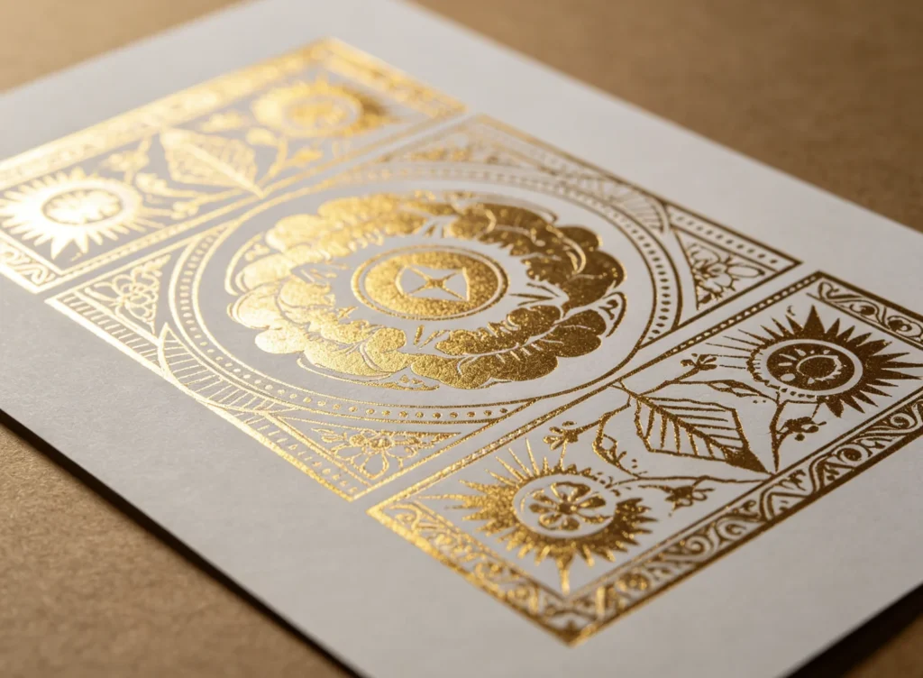 Wide full-surface decorative floral border evenly gold foil stamped on cream paper with heat-activated foil and oversized ZHENGFEI brass mold.