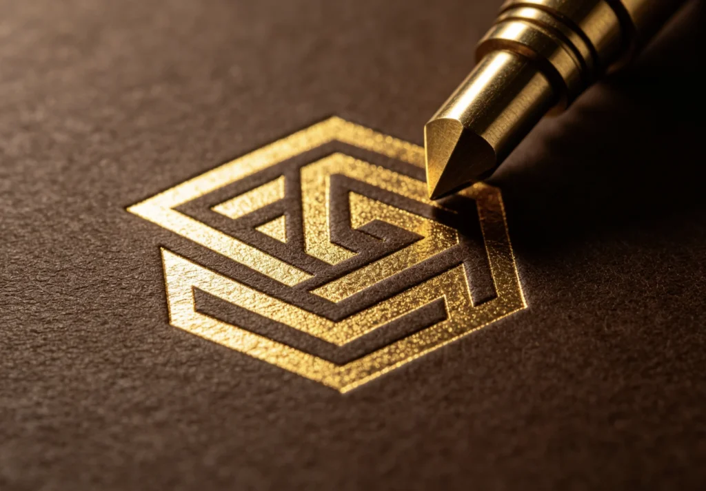 Sharp dimensional geometric logo gold foil transferred with hot foil pen brass tip and dedicated heat-activated hot stamping foil on dark textured paper.