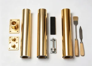 Three rolls of industrial heat-activated gold hot stamping foil paired with brass heating bases, foil roller hardware and stamping maintenance tools on white background.
