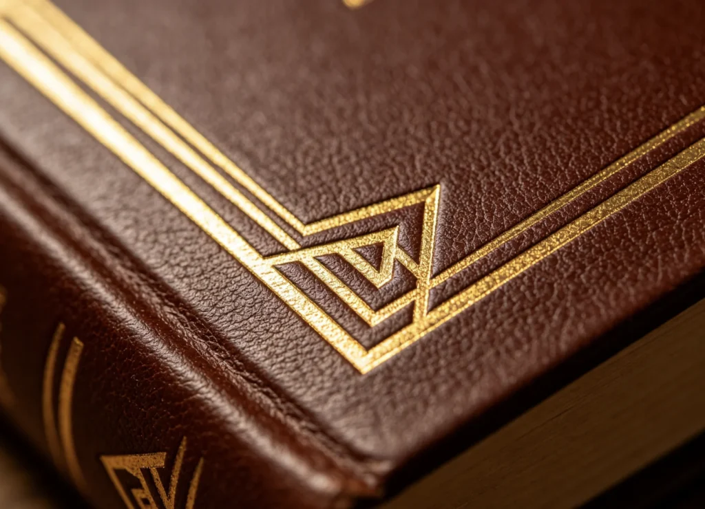 Ultra-sharp thin nested geometric corner logo evenly gold foil stamped on wide brown leather book cover with large flat ZHENGFEI brass mold.