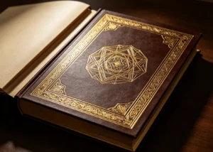 Full brown leather hardcover book with full-page decorative border & central geometric emblem hot stamped by ZHENGFEI large flat brass mold.