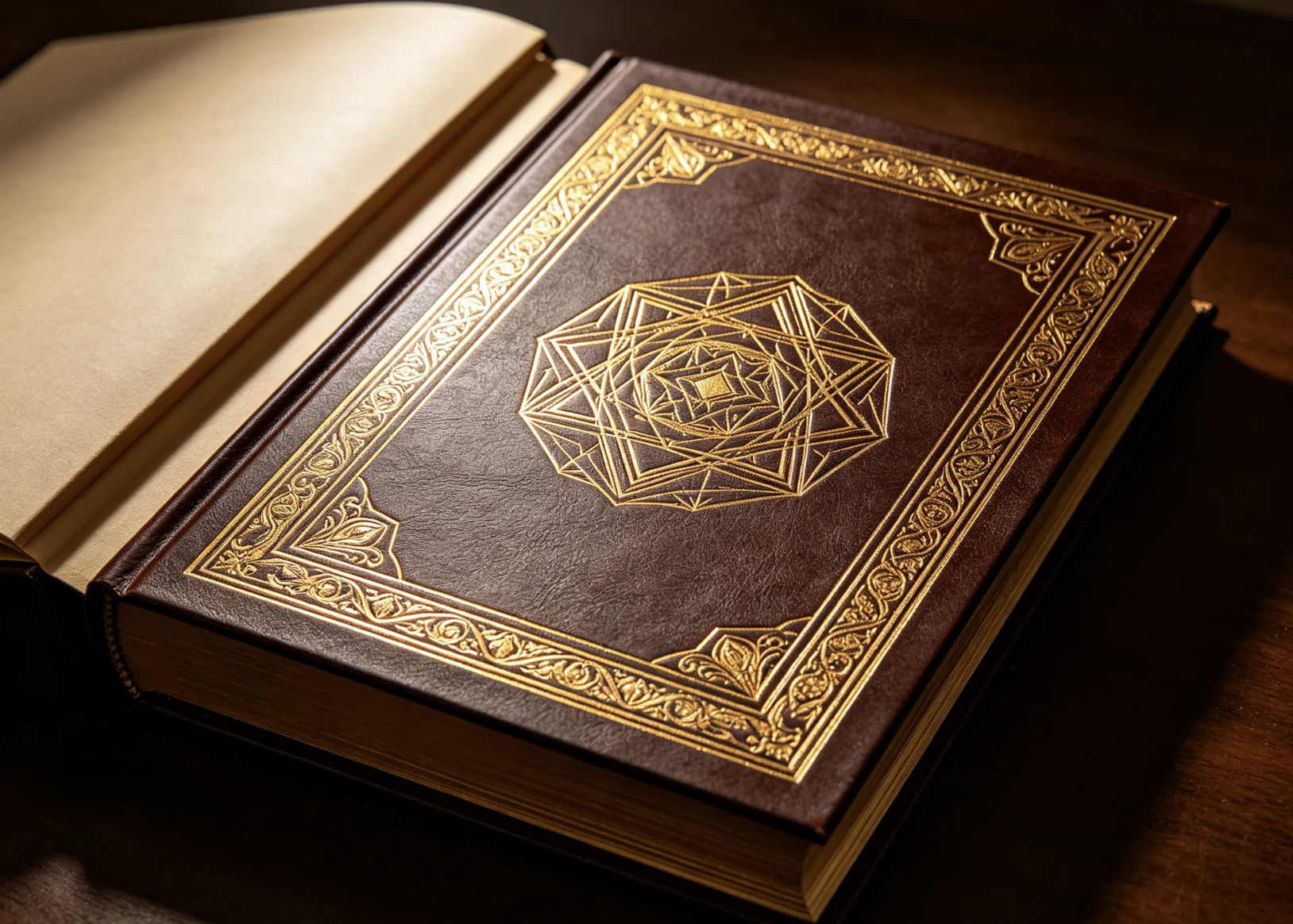Full brown leather hardcover book with full-page decorative border & central geometric emblem hot stamped by ZHENGFEI large flat brass mold.