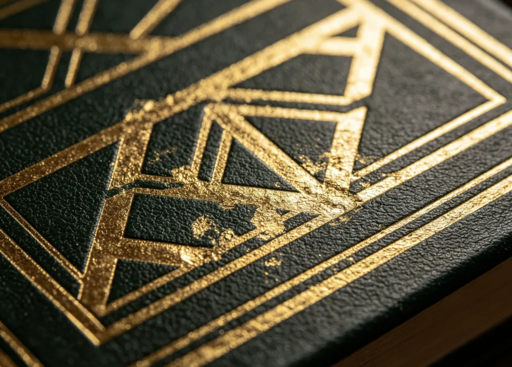 Macro close-up of fragmented incomplete gold geometric foil on dark green large leather book cover from undersized uneven brass stamping dies.