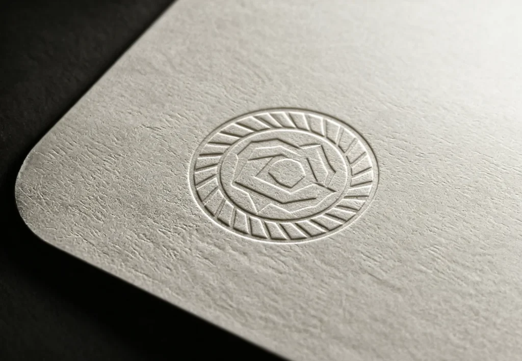 Extreme close-up of fully defined deep raised round geometric blind emboss on textured cream paper using precision ZHENGFEI steel emboss die.