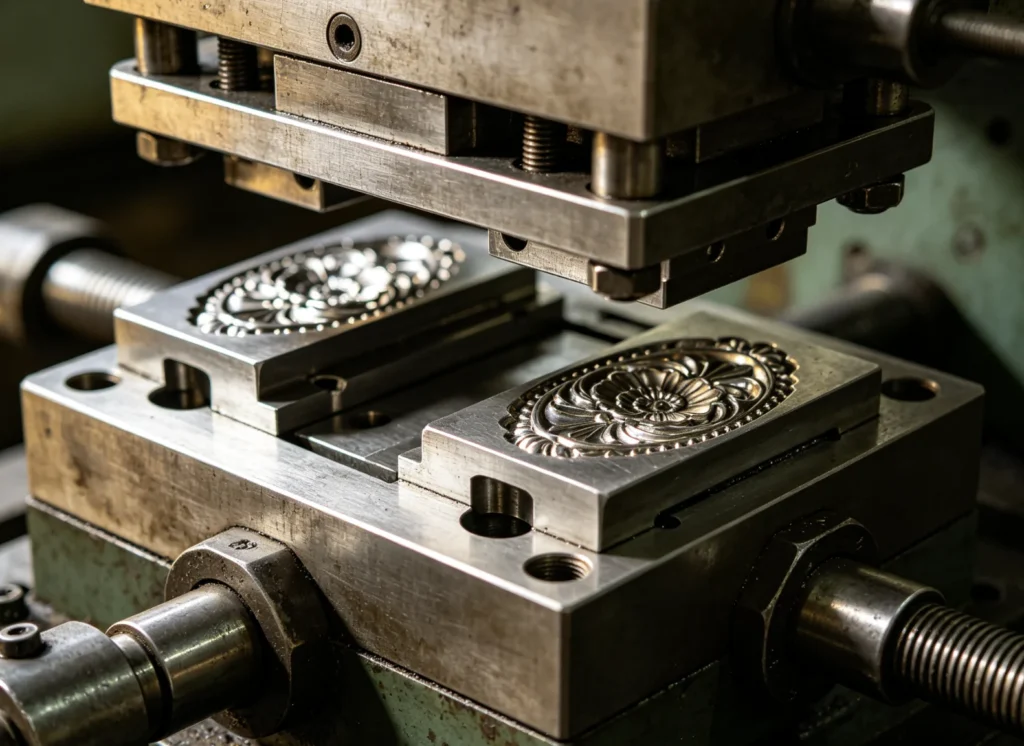Complete paired male/female CNC steel emboss die set fixed on industrial pressure press, dual molds for consistent deep blind paper embossing.