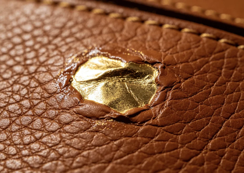 Warped wrinkled gold foil patch surrounded by discolored heat-damaged leather grain from extreme hot stamping temperature.