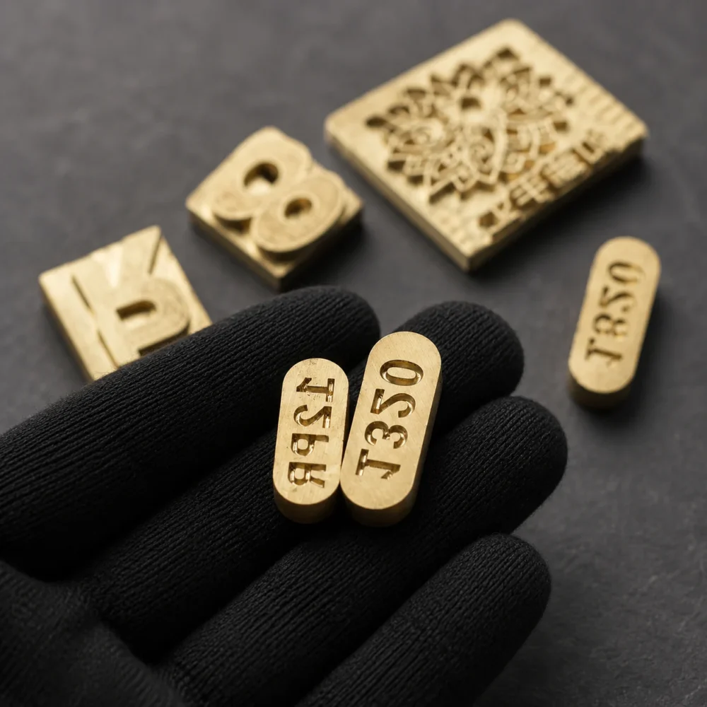 Tiny oval brass serial number text dies held on black cotton glove, miniature numeric codes for small leather goods & hardware marking.