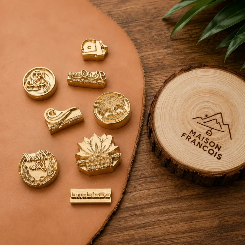 Assorted custom CNC brass logo stamps (shield, oval, script, geometric) laid on dark wood table next to finished blind embossed leather branding sample for foil stamping & wood heat marking.