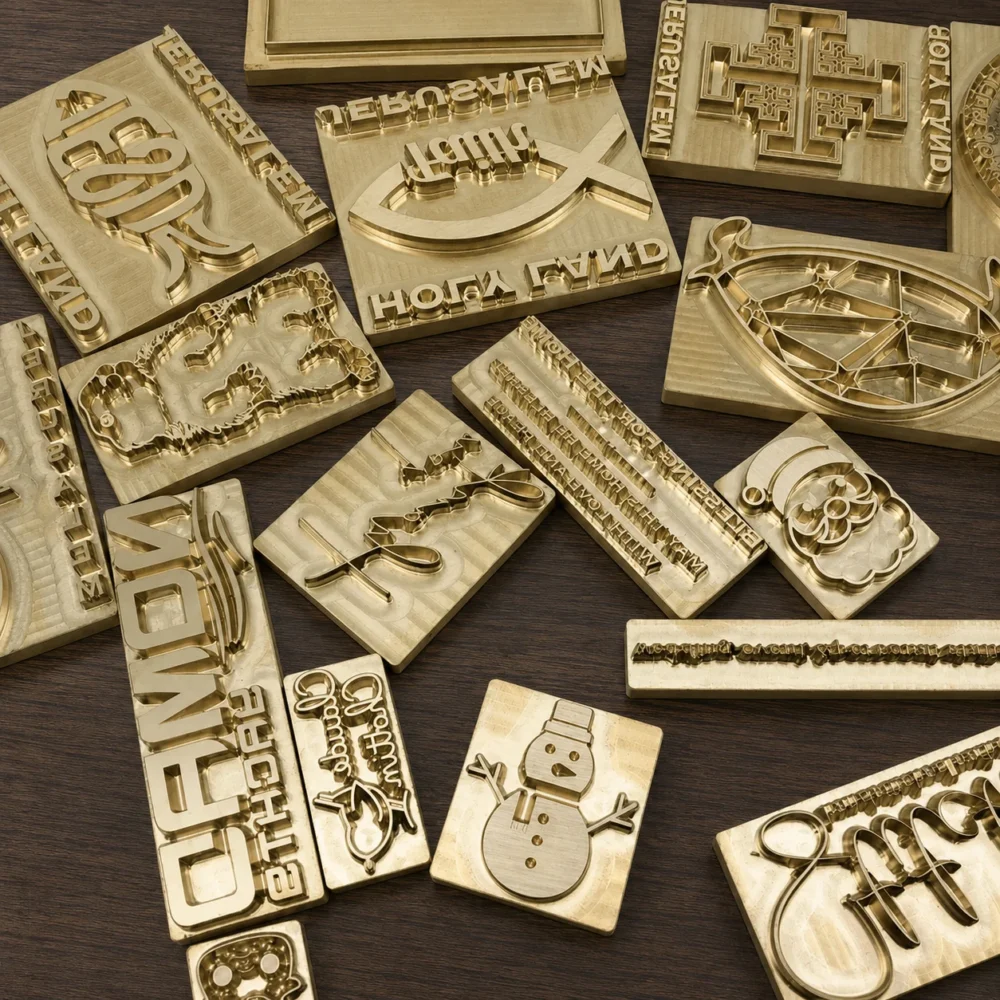 Large collection of CNC engraved brass text dies: script slogans, decorative icons, custom brand phrases, holiday graphics for leather & wood branding.