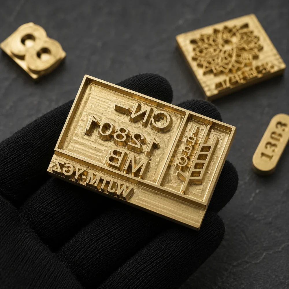 Multi-line rectangular CNC brass text die with mixed letters, numbers and classification codes held on black cotton glove for industrial packaging marking.