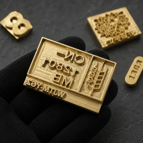 Multi-line rectangular CNC brass text die with mixed letters, numbers and classification codes held on black cotton glove for industrial packaging marking.