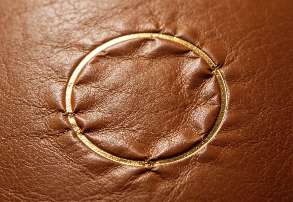 Macro shot of heavily sunken, wrinkled circular gold foil outline on soft brown leather caused by excessive hot stamping pressure and long dwell time.