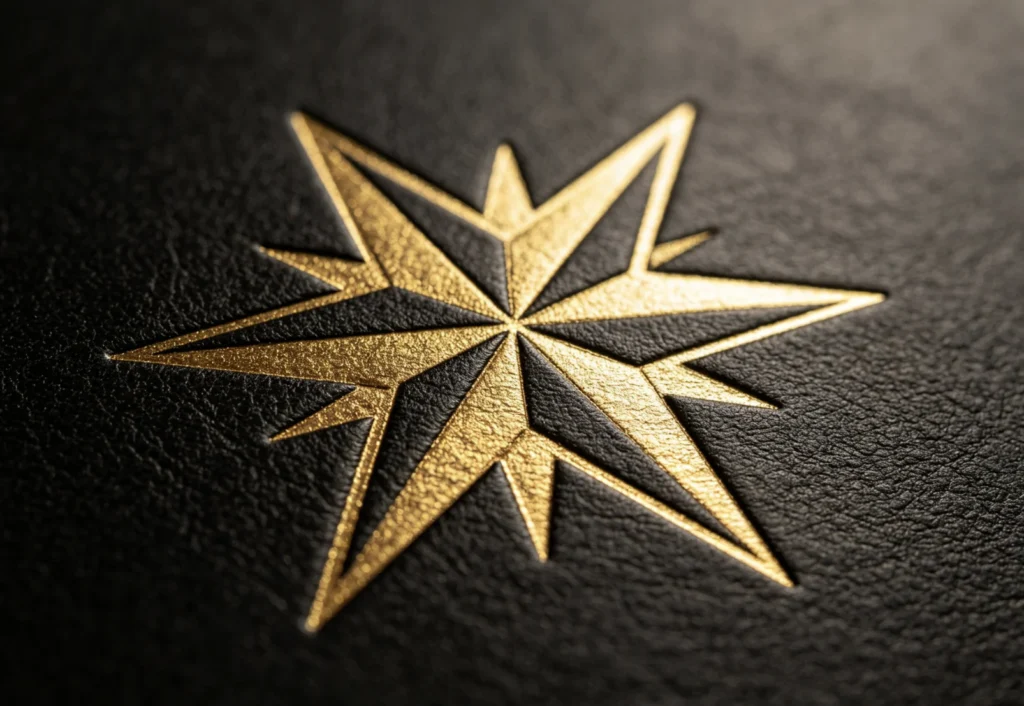 Multi-point star gold foil logo with blurred, spread fuzzy outer edges from over-aggressive heat and pressure during leather hot stamping.