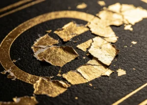Damaged circular gold foil logo with large peeling cracked flakes on black leather, weak hot stamping adhesion defect reference.