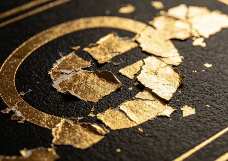 Damaged circular gold foil logo with large peeling cracked flakes on black leather, weak hot stamping adhesion defect reference.