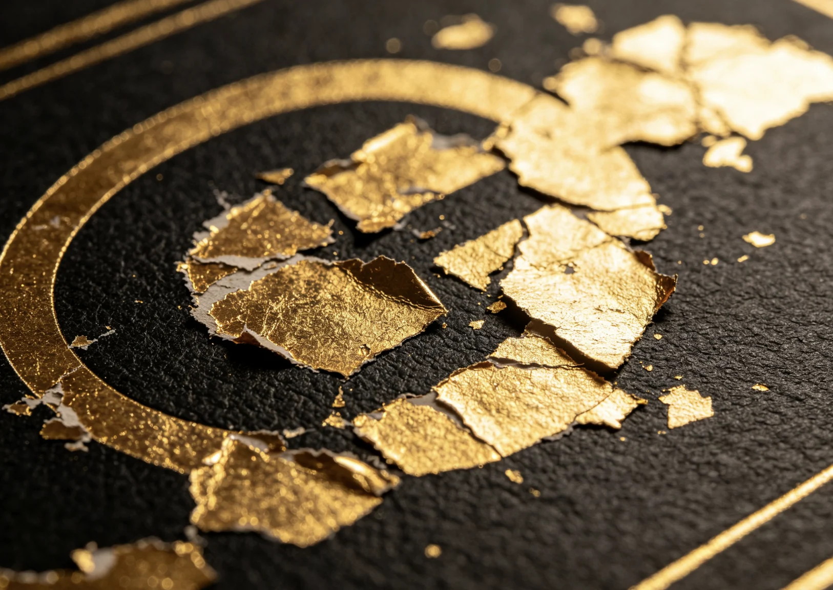 Damaged circular gold foil logo with large peeling cracked flakes on black leather, weak hot stamping adhesion defect reference.