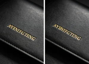 Split dual view of level, evenly spaced gold foil lettering stamped on black leather with locked ZHENGFEI interchangeable brass letter mold holder.