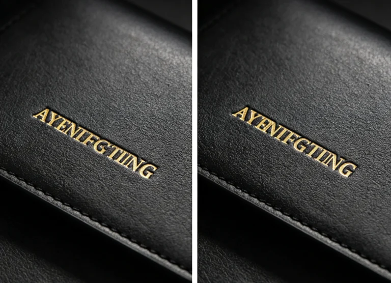 Split dual view of level, evenly spaced gold foil lettering stamped on black leather with locked ZHENGFEI interchangeable brass letter mold holder.
