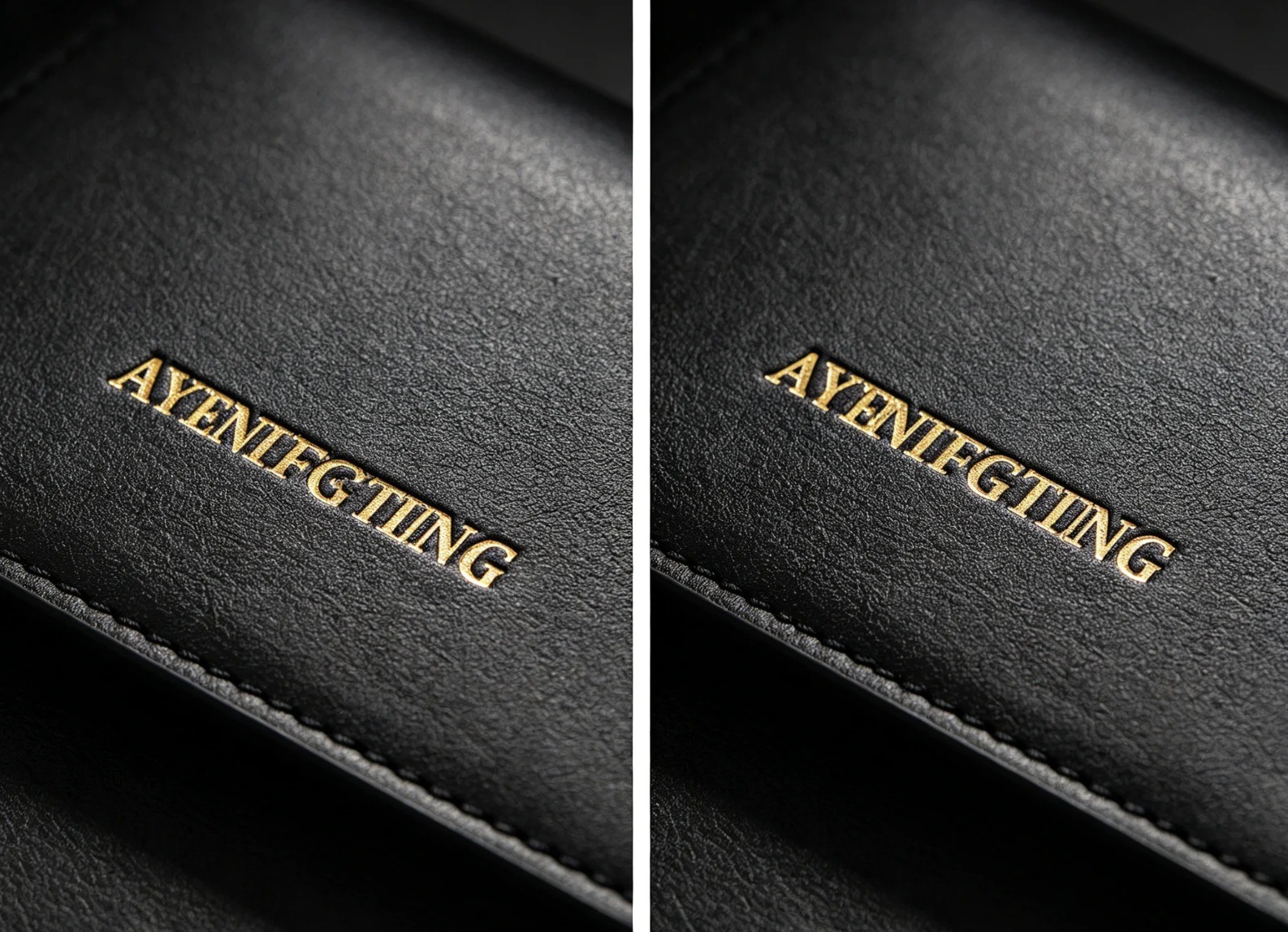 Split dual view of level, evenly spaced gold foil lettering stamped on black leather with locked ZHENGFEI interchangeable brass letter mold holder.