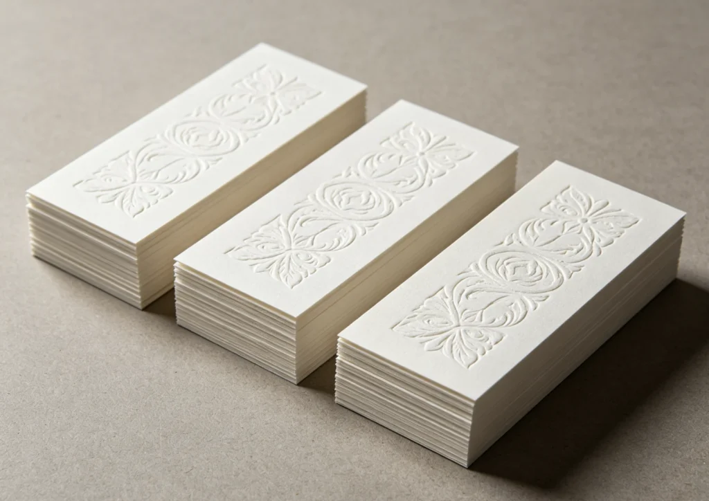 Three neat stacks of cream cardstock with identical clean rectangular floral blind emboss made with matched ZHENGFEI steel emboss die pair.