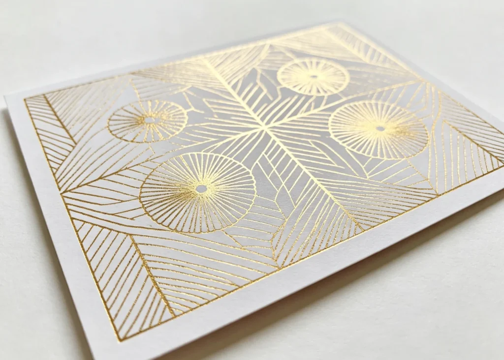 Intact thin-line geometric gold foil pattern fully transferred on white cardstock using heat-activated hot stamping foil and ZHENGFEI CNC brass die.