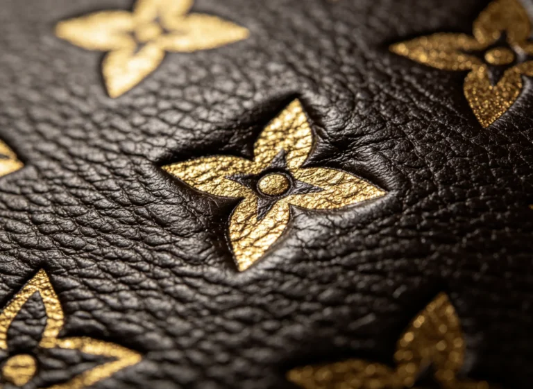 Repeating four-leaf clover gold foil motifs each leaving deep sunken indents and flattened leather grain across dark pebbled leather sheet.