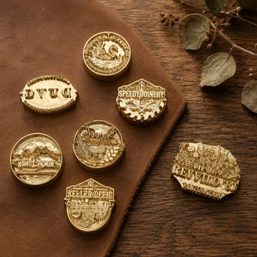 Landscape, workshop, floral industrial graphic custom brass stamp assortment laid on dark stained wooden table with dried eucalyptus styling.