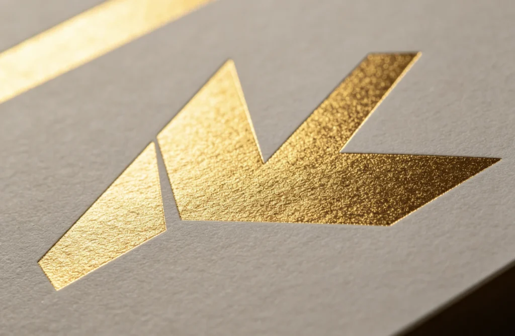 Crisp flat single-pass gold foil angular geometric monogram stamped in one press cycle with ZHENGFEI precision brass hot stamping mold.