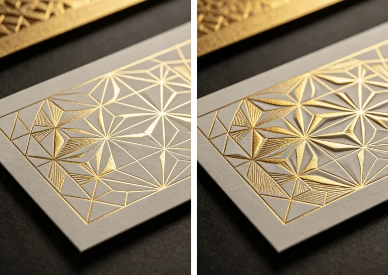 Split comparison of flat single-pass gold foil vs deep 3D two-step pre-emboss foil geometric art on thick cream paper with ZHENGFEI brass molds.