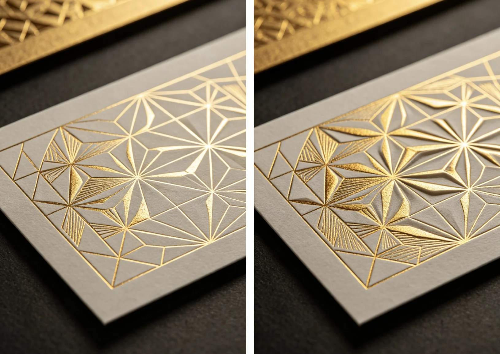 Split comparison of flat single-pass gold foil vs deep 3D two-step pre-emboss foil geometric art on thick cream paper with ZHENGFEI brass molds.