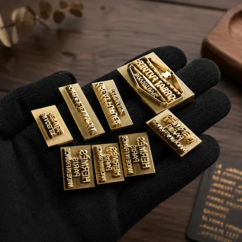 Mini rectangular custom brass brand phrase text dies held on black cotton glove, tiny fine lettering for premium leather bag & wallet labeling.